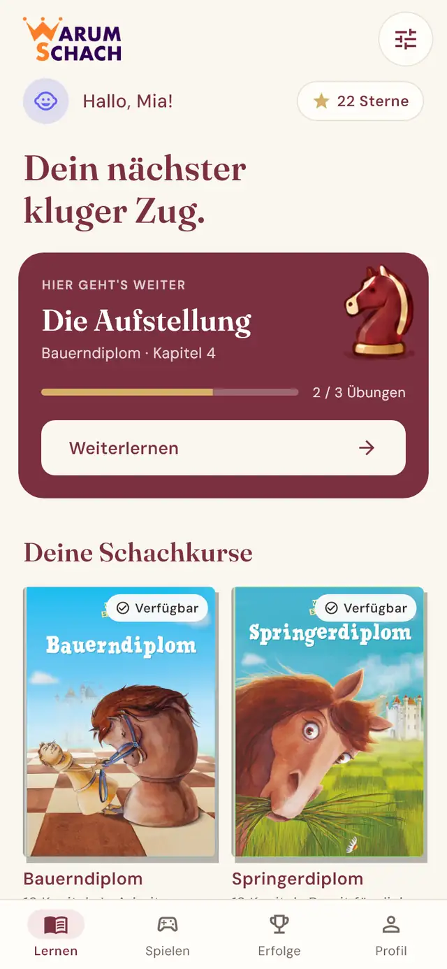 Startbildschirm der WarumSchach-App mit den Kursen